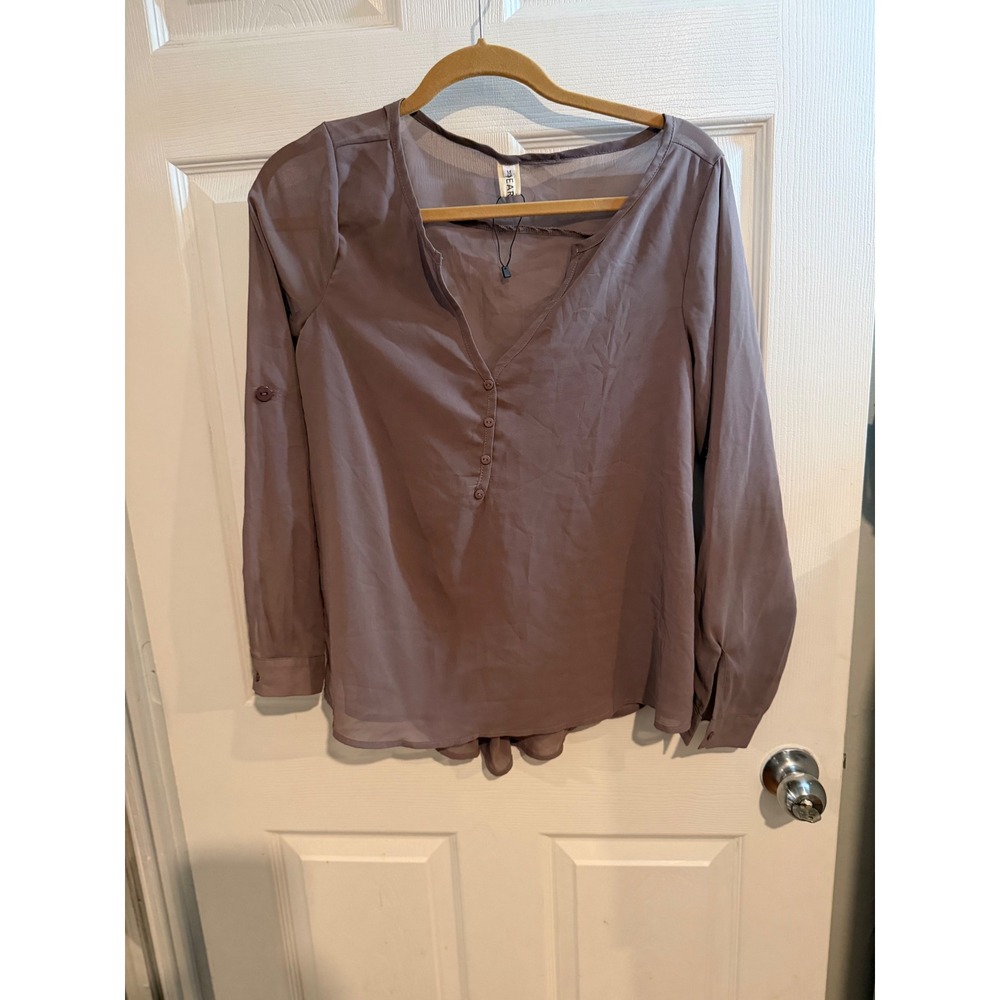 Dearcase Mauve Sheer Long Sleeve Roll Tab Button Front Open Back Blouse S Mc18